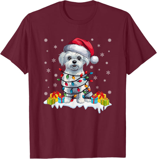 Xmas Lighting Maltese Dog Wearing Santa Hat Ugly Christmas T-Shirt - T-Shirt | Maroon