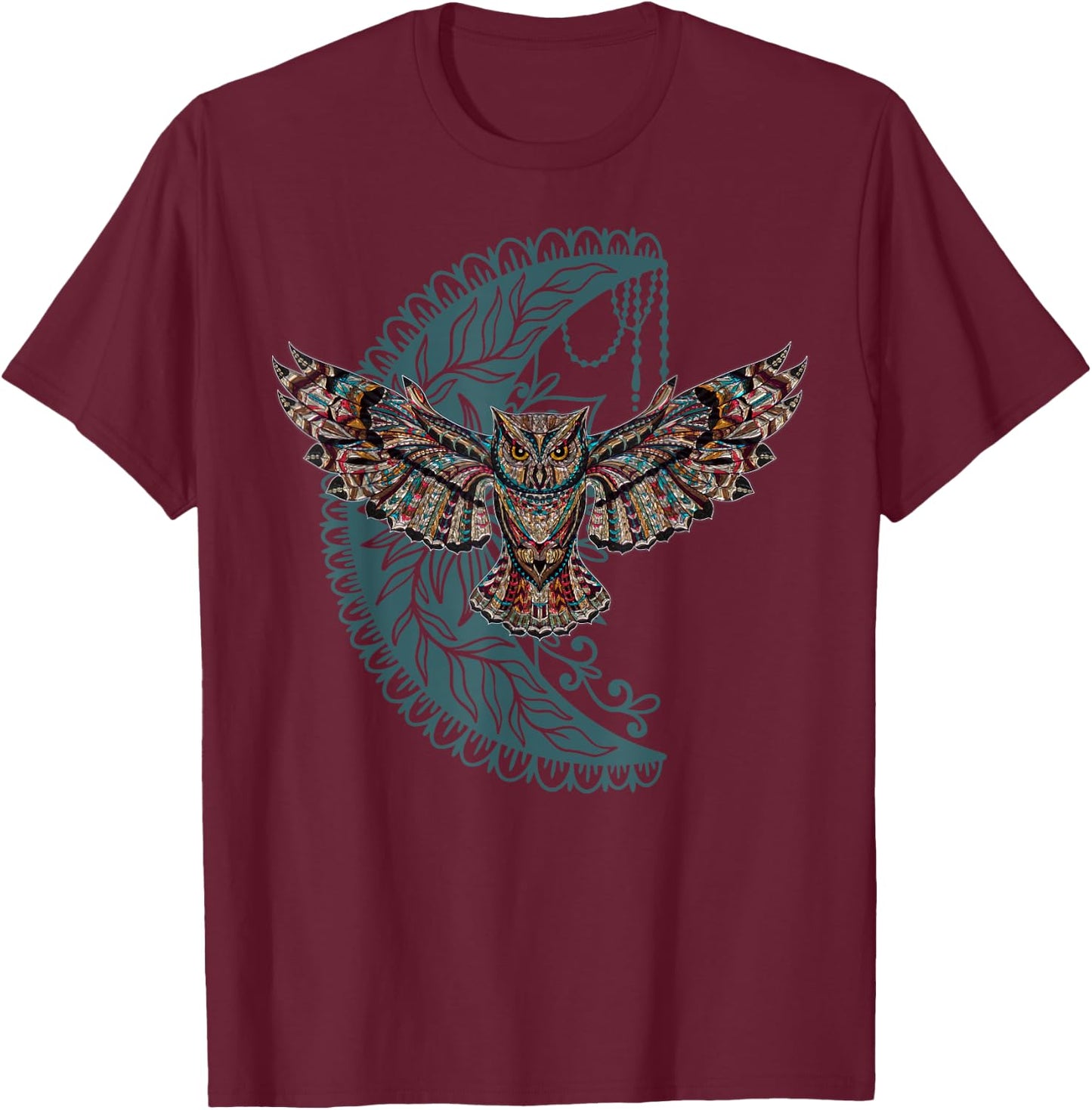 Native American Moon Dreamcatcher Owl Tribal Illustration T-Shirt - T-Shirt | Maroon