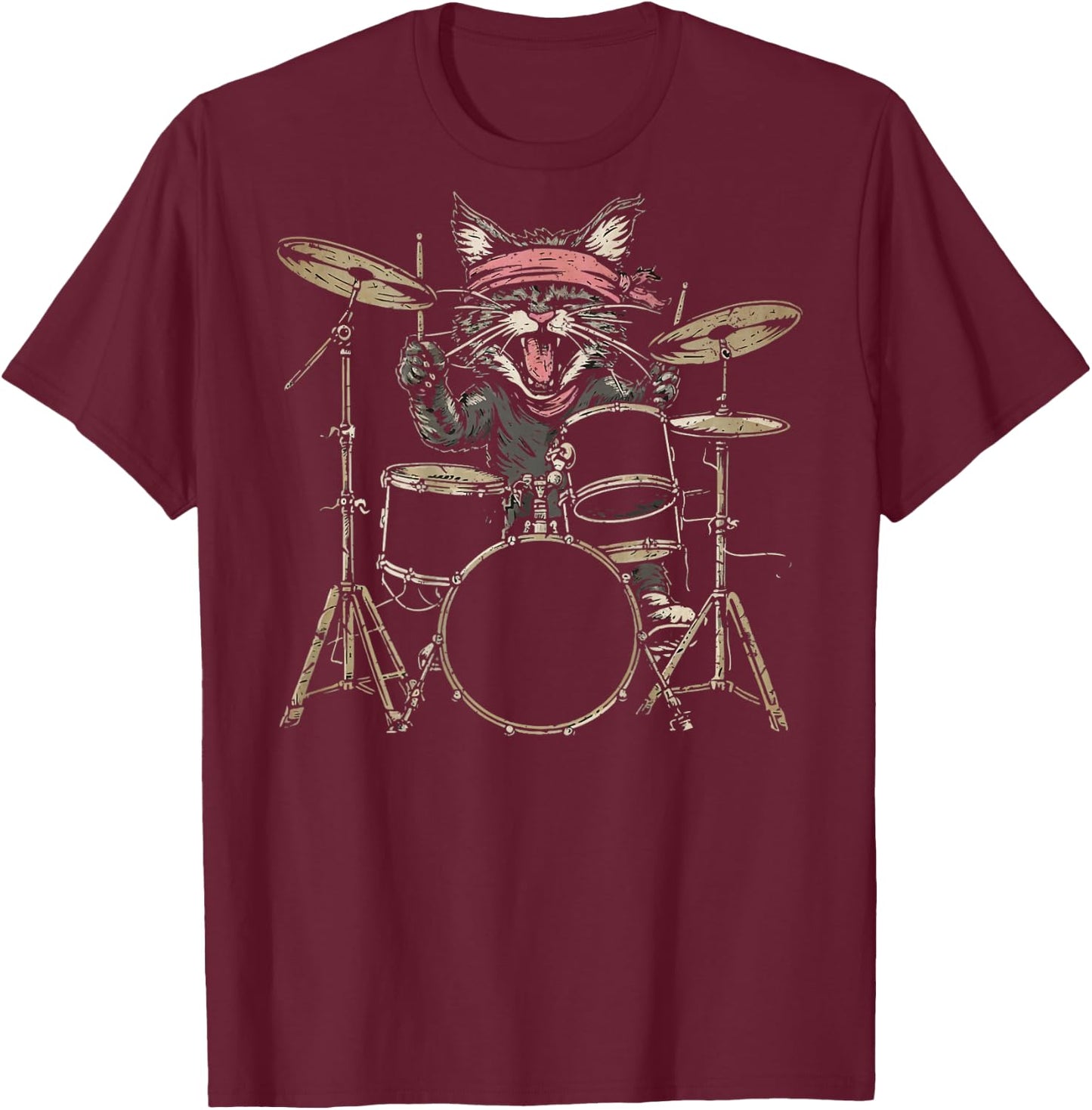 Rock and Roll Cat Drum Vintage ROCK Cat Drummer (ART BACK) Men Women Kids T-Shirt - T-Shirt | Maroon