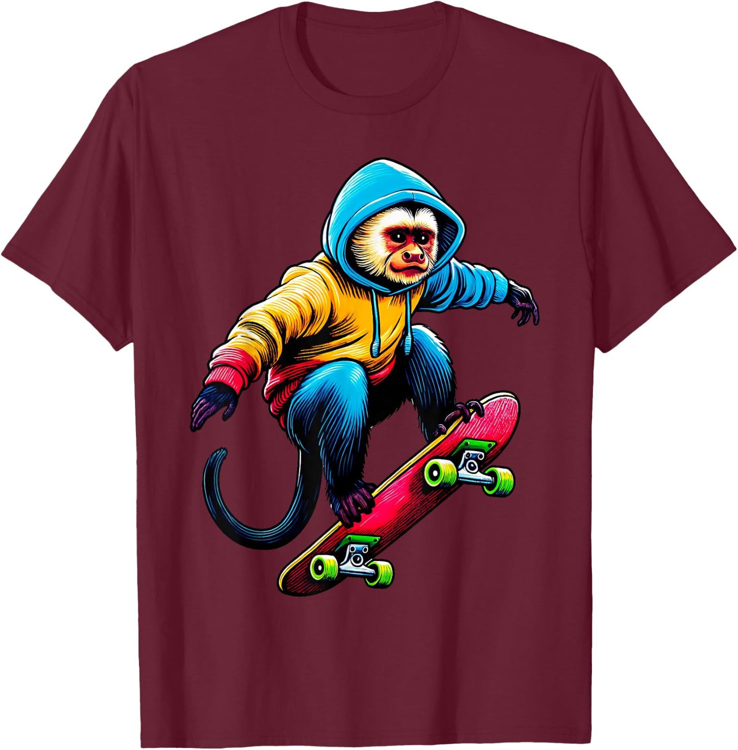 Cool Funky Capuchin Monkey Skateboarding Illustration Art T-Shirt - T-Shirt | Maroon