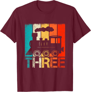 Kids 3 Year Old Boy Trains Birthday 3rd Birthday Locomotive Train T-Shirt - T-Shirt | Maroon
