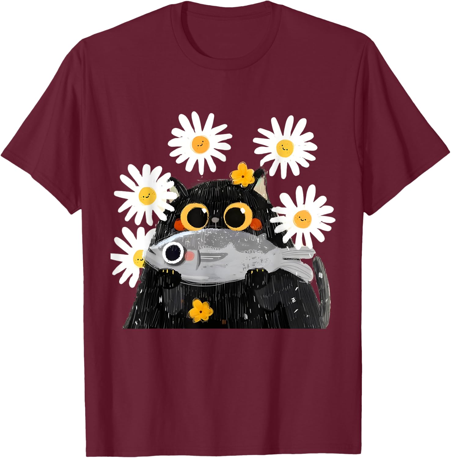 Cute Cat Holding Fish Cat Fish Lover Floral Cat Funny Kitty T-Shirt - T-Shirt | Maroon