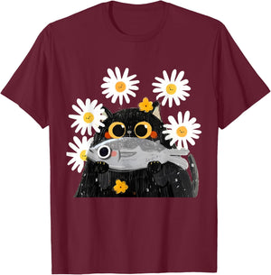 Cute Cat Holding Fish Cat Fish Lover Floral Cat Funny Kitty T-Shirt - T-Shirt | Maroon