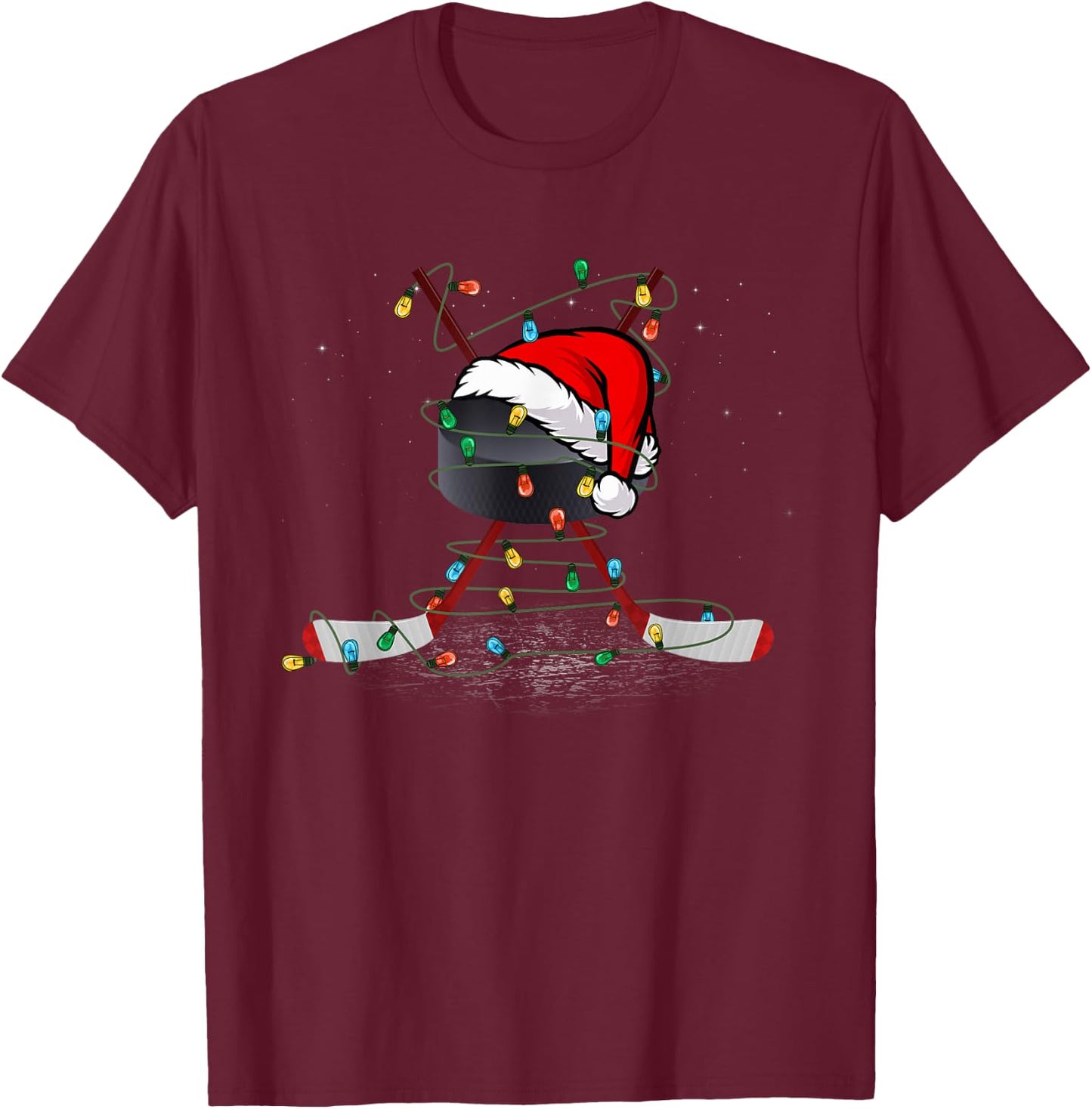 Funny Christmas Hockey Santa Hat Xmas Lights Kids Boys Men T-Shirt - T-Shirt | Maroon