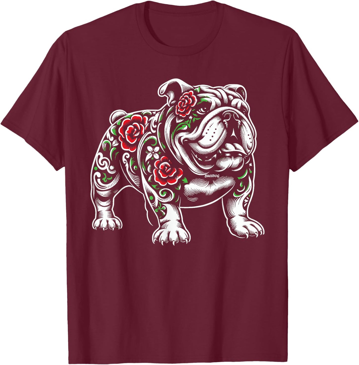 Bulldog Floral Red Rose T-Shirt - T-Shirt | Maroon
