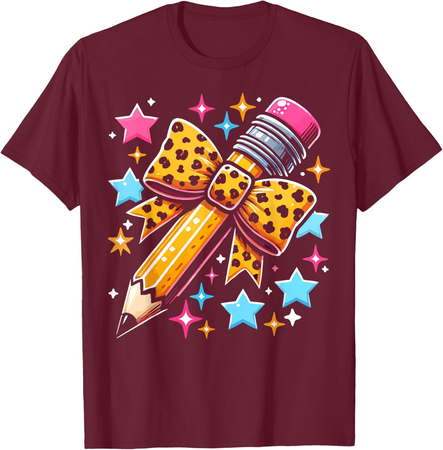 Pencil Leopard Coquette Bow Teacher Life Back To School T-Shirt - T-Shirt | Maroon