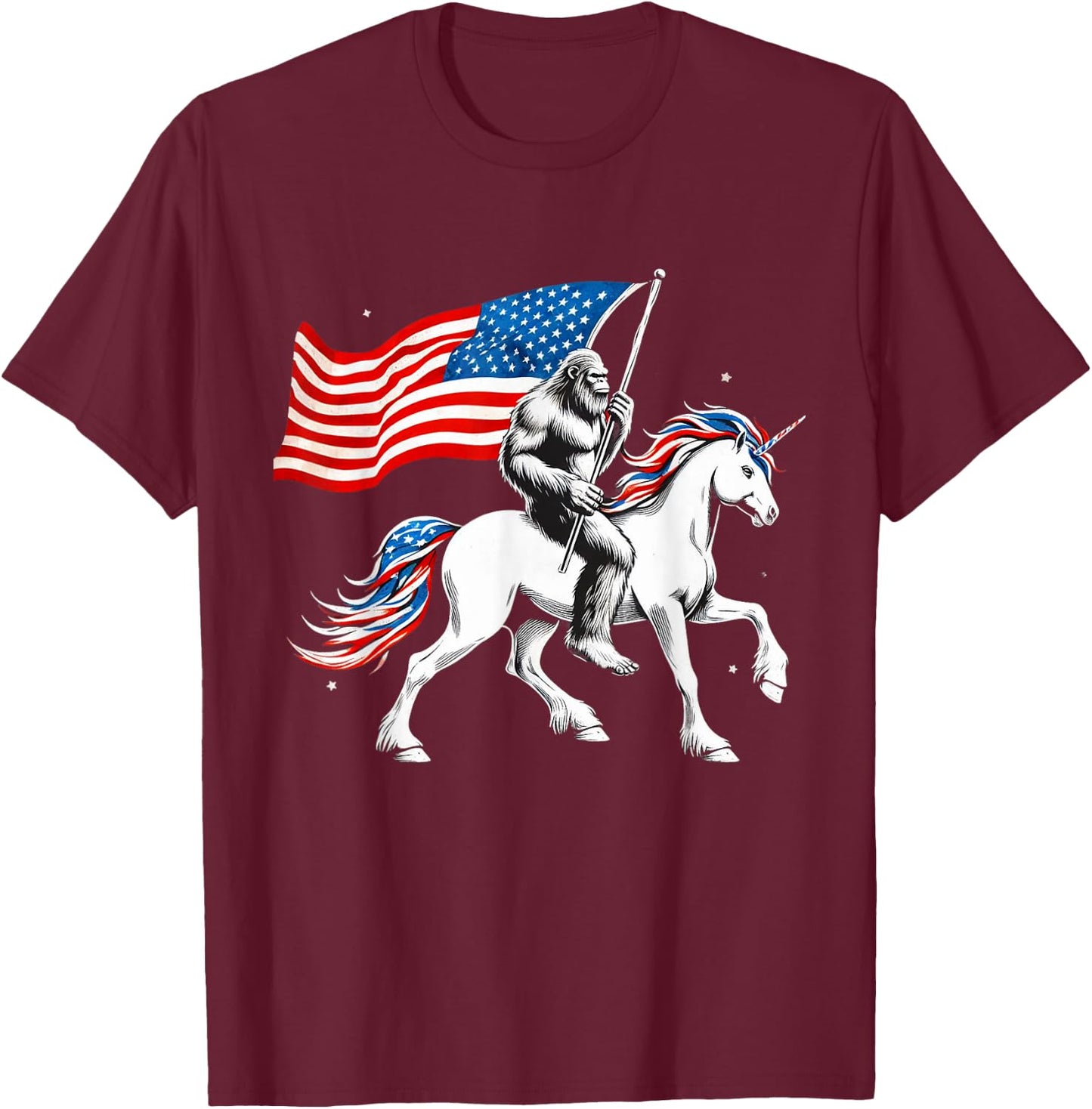Patriotic Bigfoot Riding Unicorn 4th Of July Sasquatch Women Kids Men T-Shirt - T-Shirt | Maroon