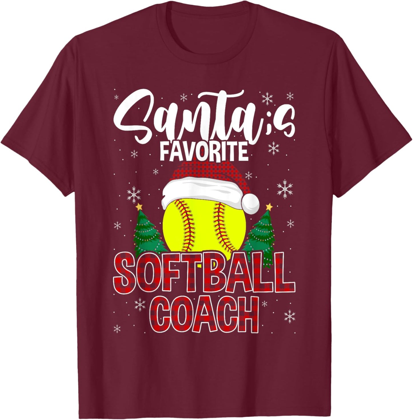 Funny Santa's Favorite Softball Coach Christmas Plaid Xmas T-Shirt - T-Shirt | Maroon