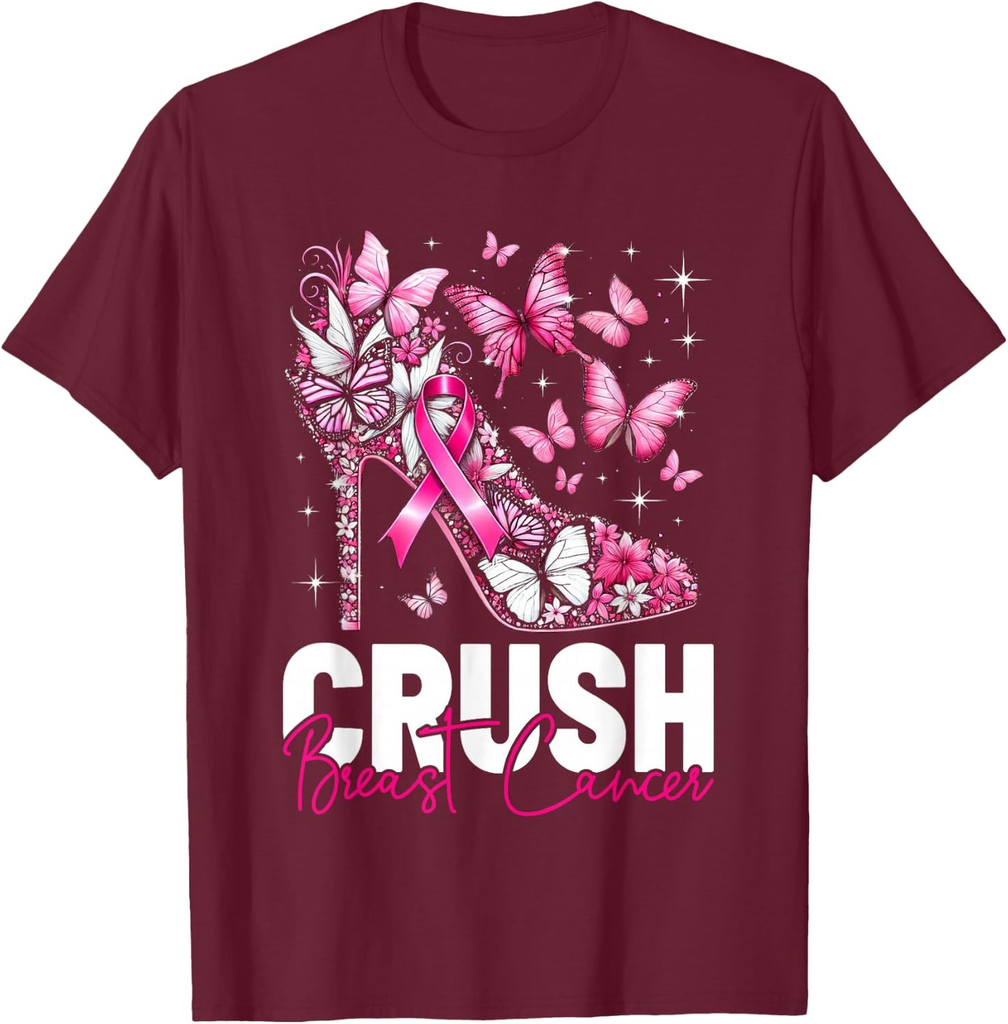 Crush Breast Cancer Awareness Bling Pink Ribbon Girls T-Shirt - T-Shirt | Maroon
