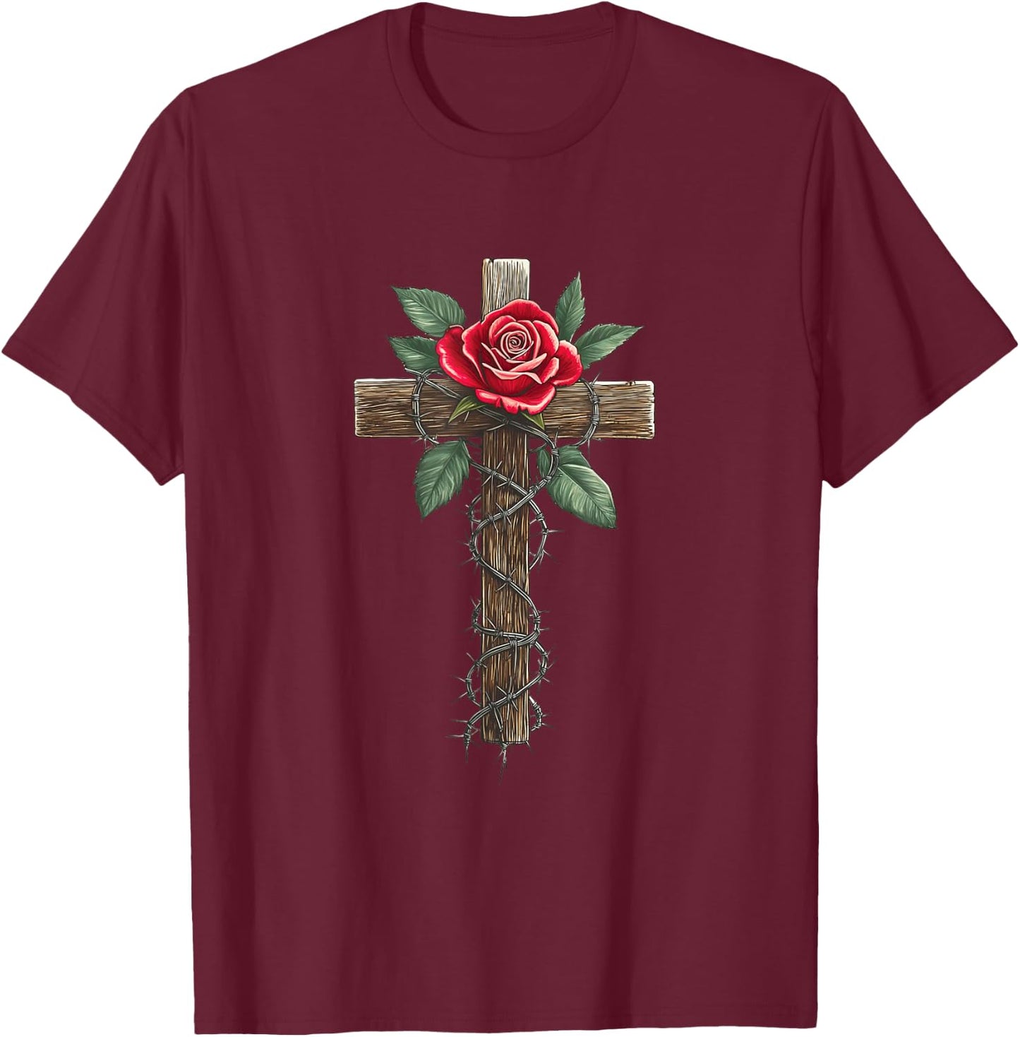 Cross with Rose and Thorns T-Shirt - T-Shirt | Maroon