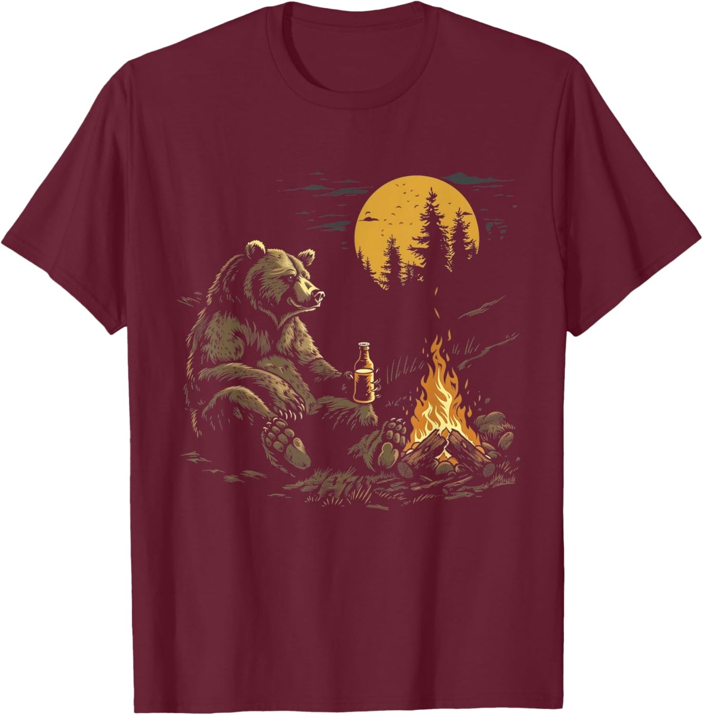 Camping Bear Drinking Beer Hiking Nature Funny Grizzly Bear T-Shirt - T-Shirt | Maroon