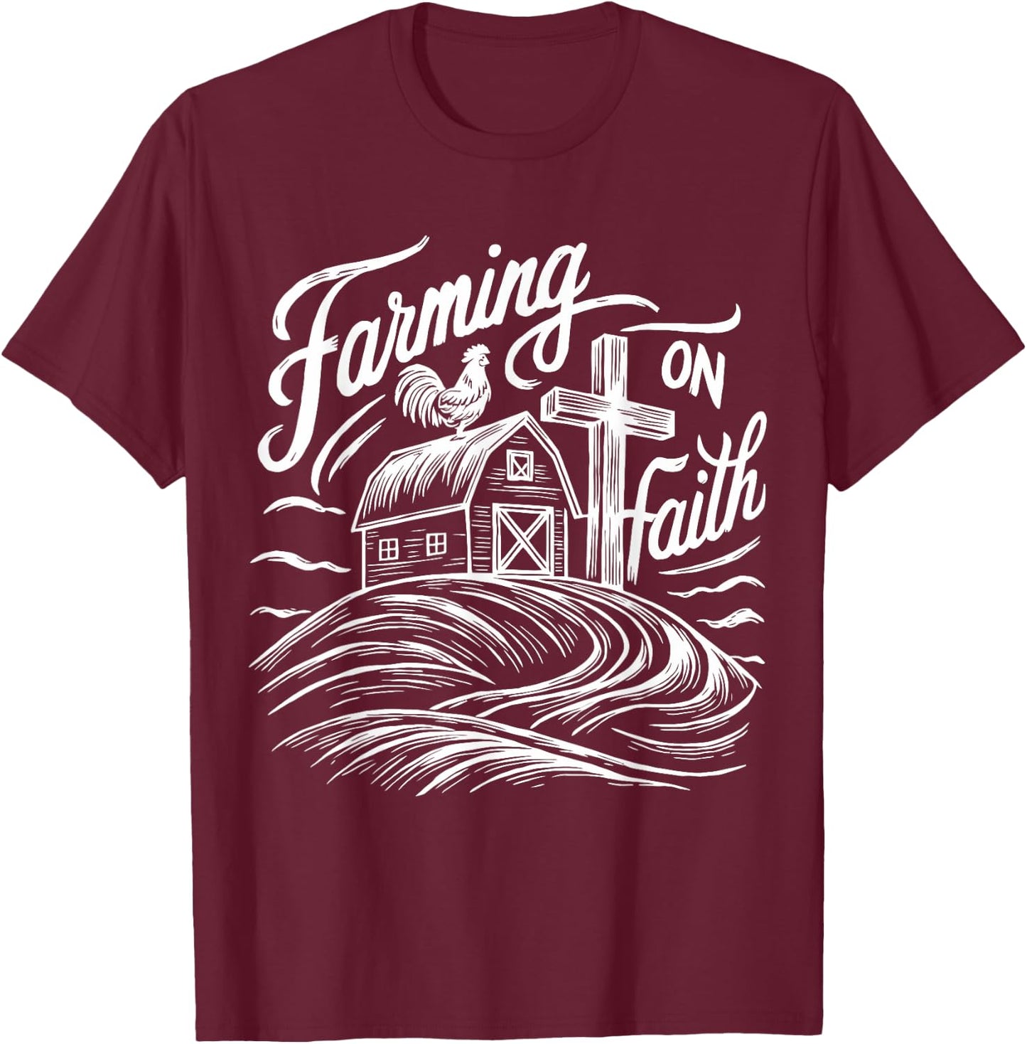 Farming on Faith Barn Cross Christian Farmer Religious T-Shirt - T-Shirt | Maroon