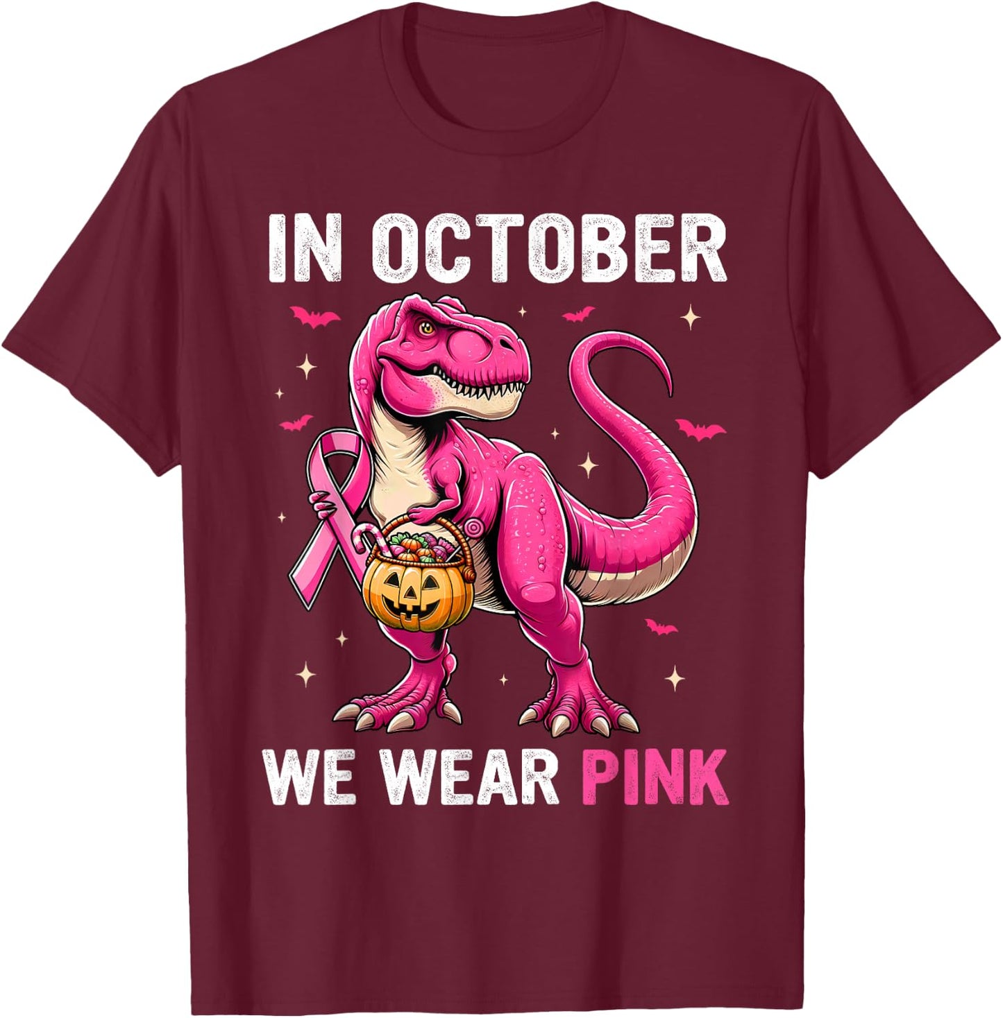 In October We Wear Pink Dinosaur Boys Kids Breast Cancer T-Shirt - T-Shirt | Maroon