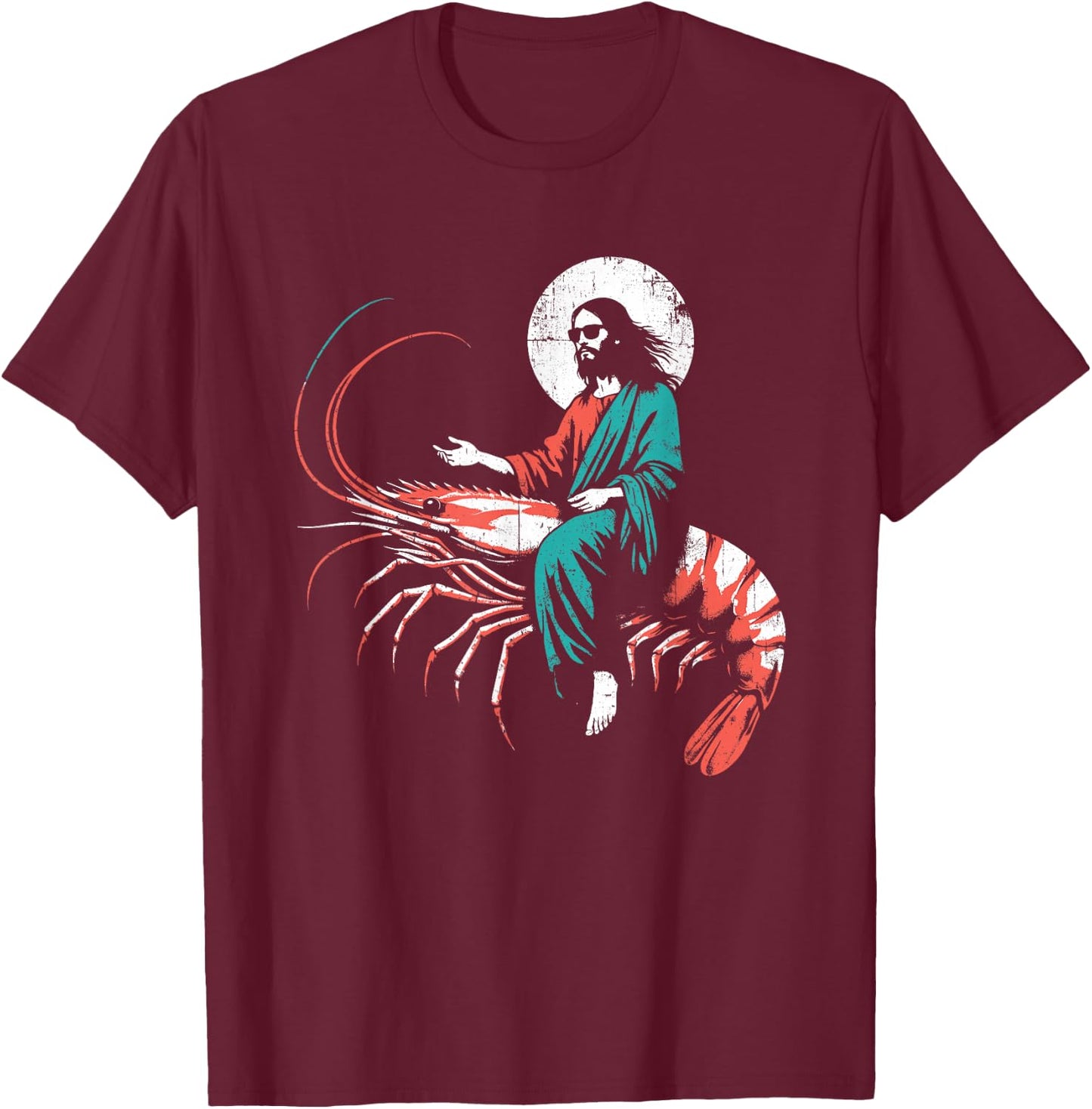 Jesus Riding A Shrimp - Funny Christian Prawn Lover T-Shirt - T-Shirt | Maroon