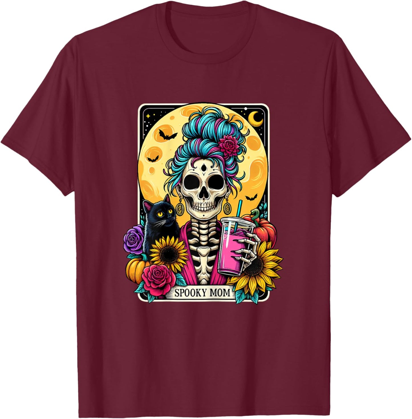 Spooky Mom Tarot Card Halloween Mom Skull Mama Black Cat T-Shirt - T-Shirt | Maroon