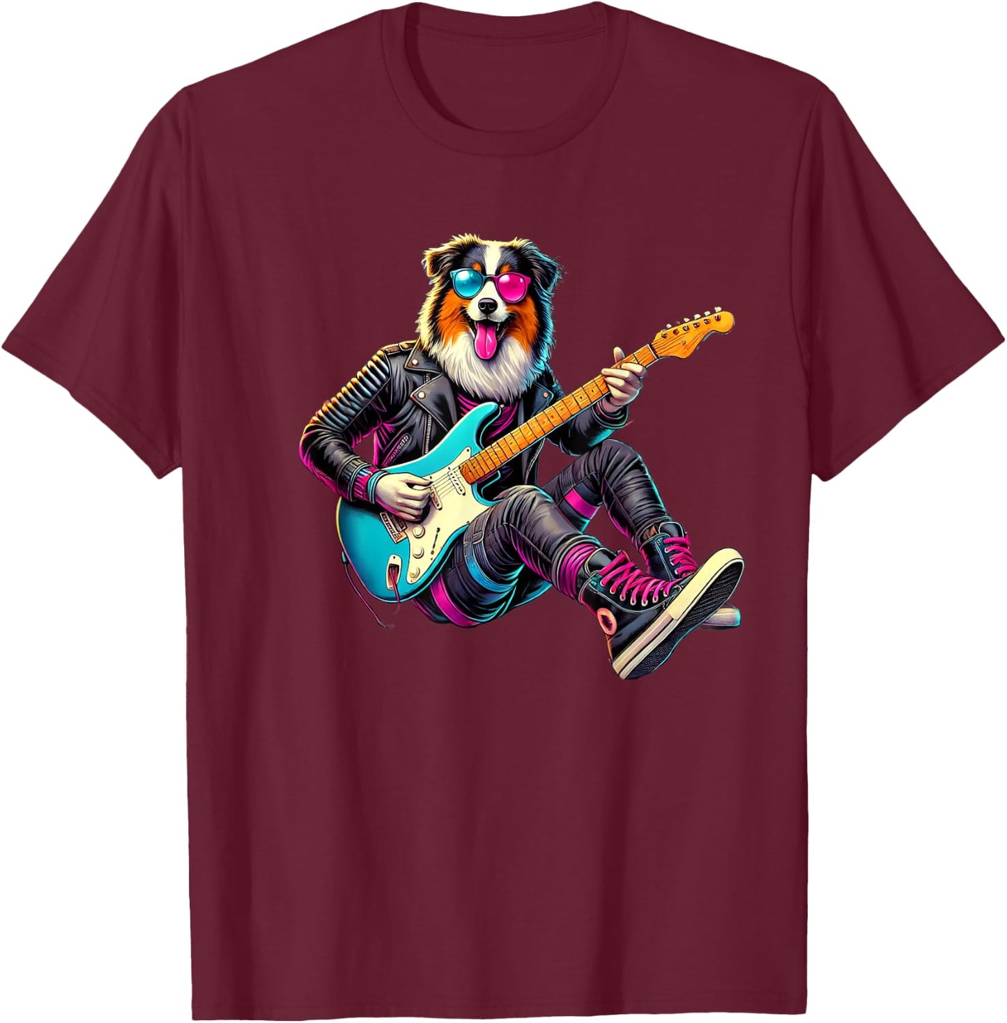 Australian Shepherd Electric Guitar Funny Dog Rock Band Pet Men Women Kids T-Shirt - T-Shirt | Maroon