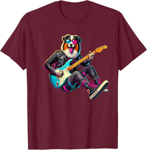 Australian Shepherd Electric Guitar Funny Dog Rock Band Pet Men Women Kids T-Shirt - T-Shirt | Maroon