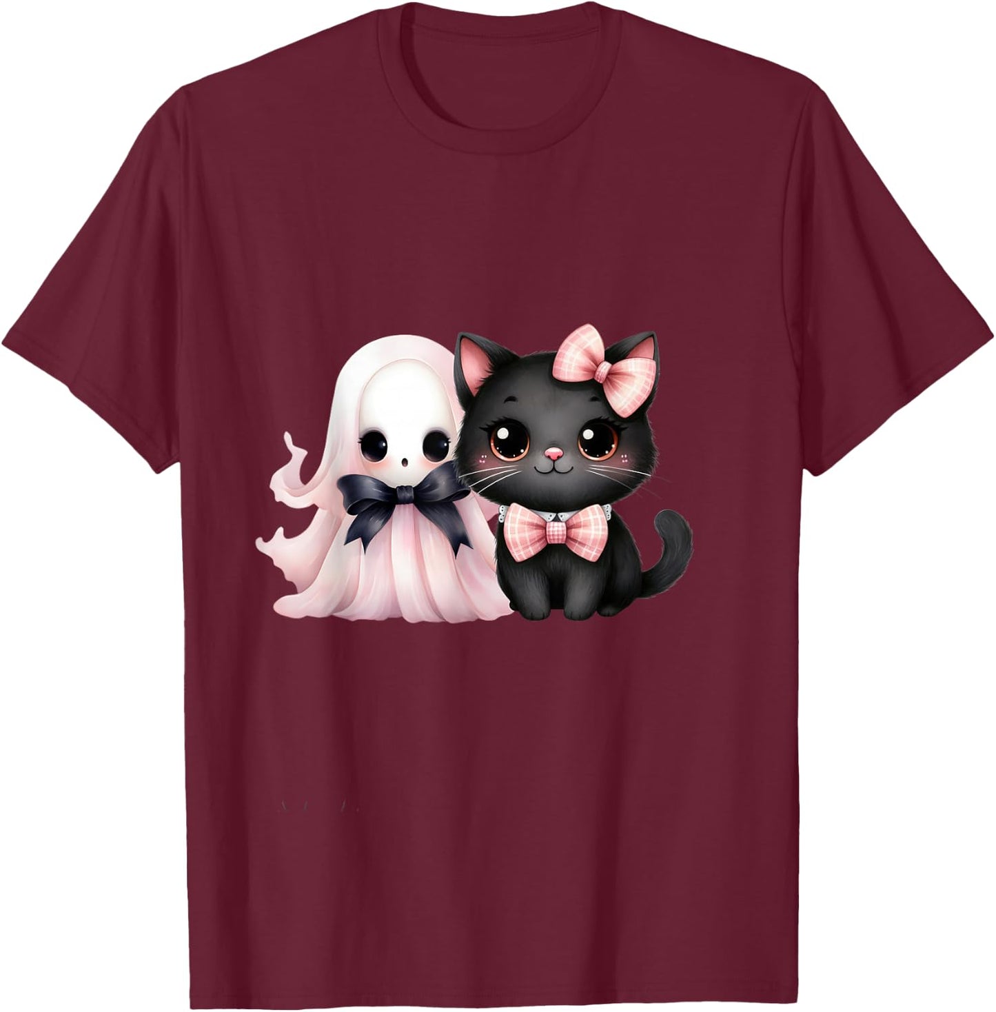 Black Cat Pink Ghost Halloween Pink Bows Coquette Girl Women T-Shirt - T-Shirt | Maroon