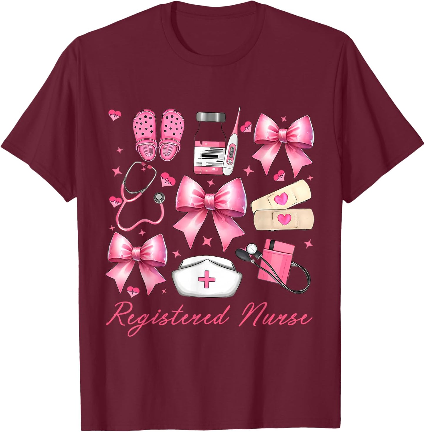 Cute Pink Coquette Bow Girly Registered Nurse T-Shirt - T-Shirt | Maroon
