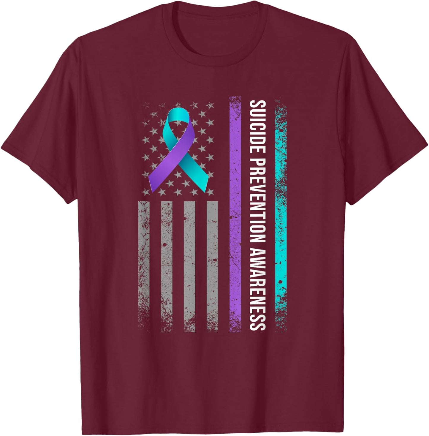 American Flag Suicide Prevention Awareness Teal and Purple T-Shirt - T-Shirt | Maroon