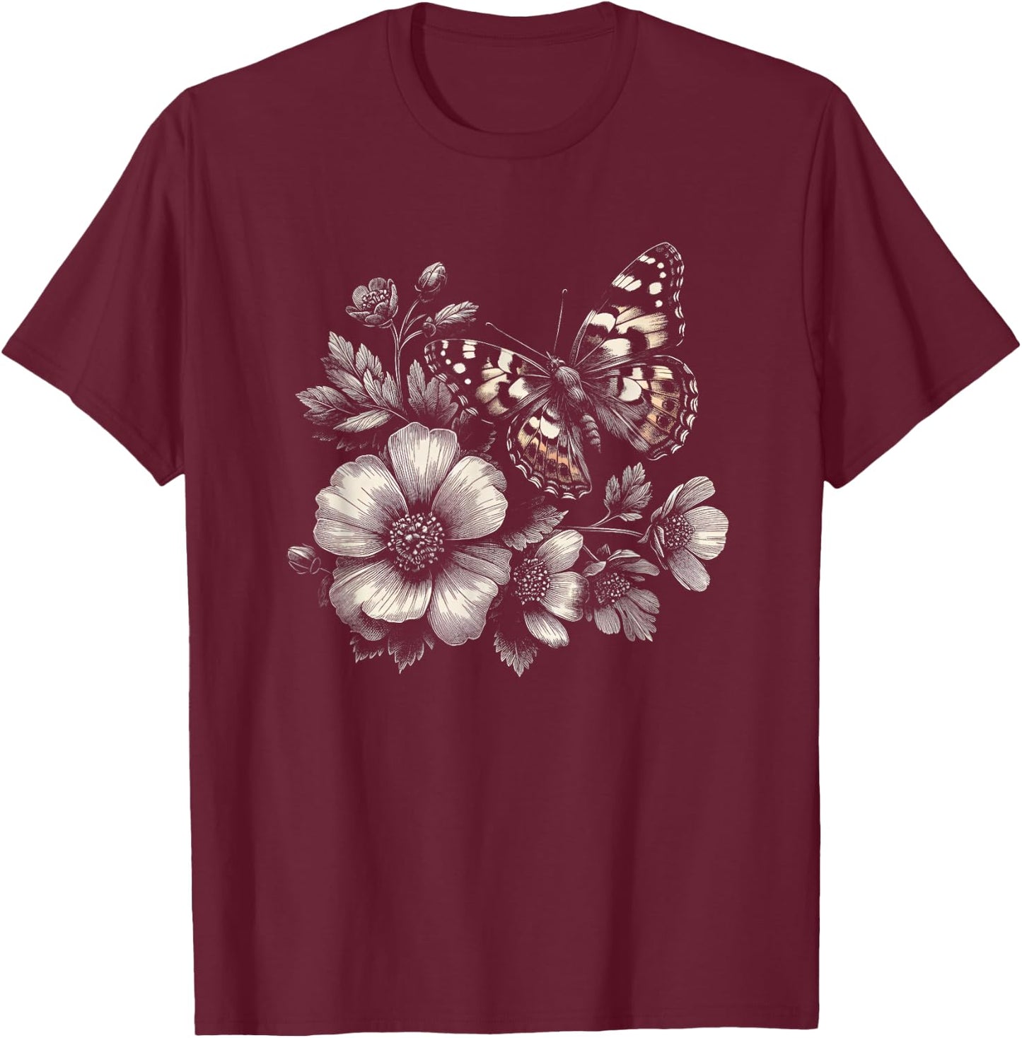 Butterfly with Flowers Graphic Art Design and Men T-Shirt - T-Shirt | Maroon