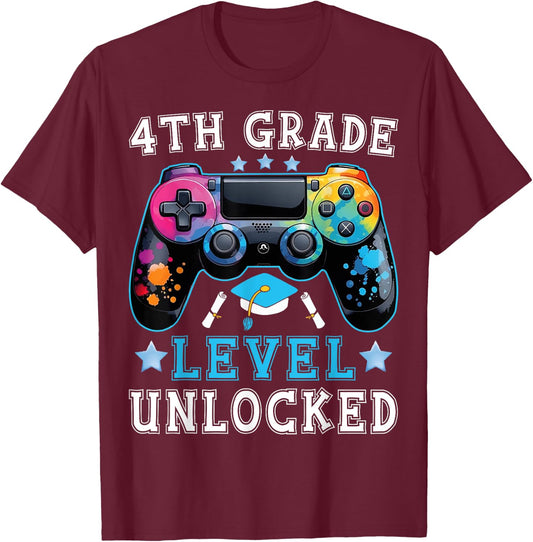 4th Grade Level Unlocked Gamer Boys First Day Back To School T-Shirt - T-Shirt | Maroon