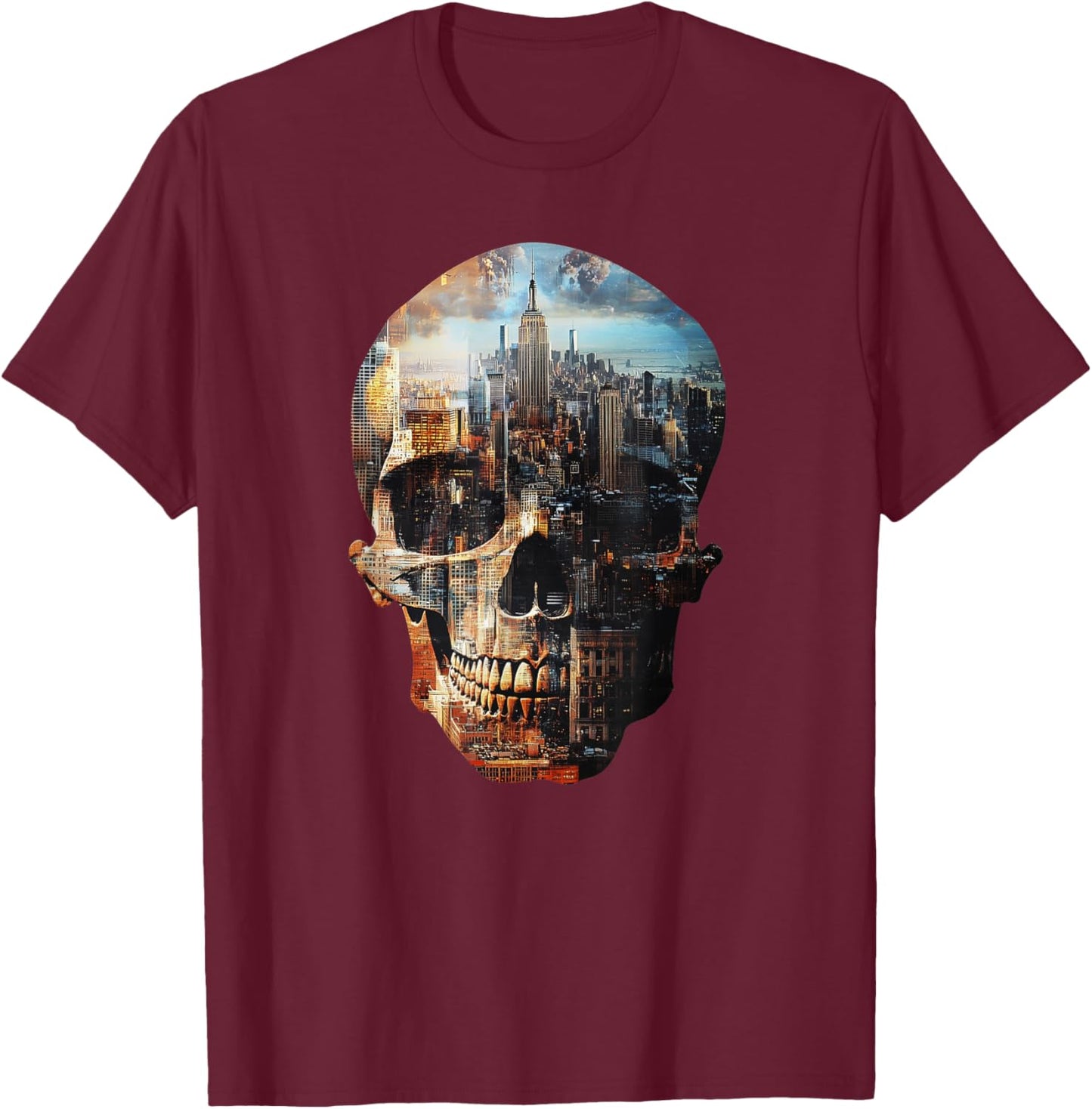 SKULL NEW YORK SKYLINE abstract Stylish Double exposure T-Shirt - T-Shirt | Maroon