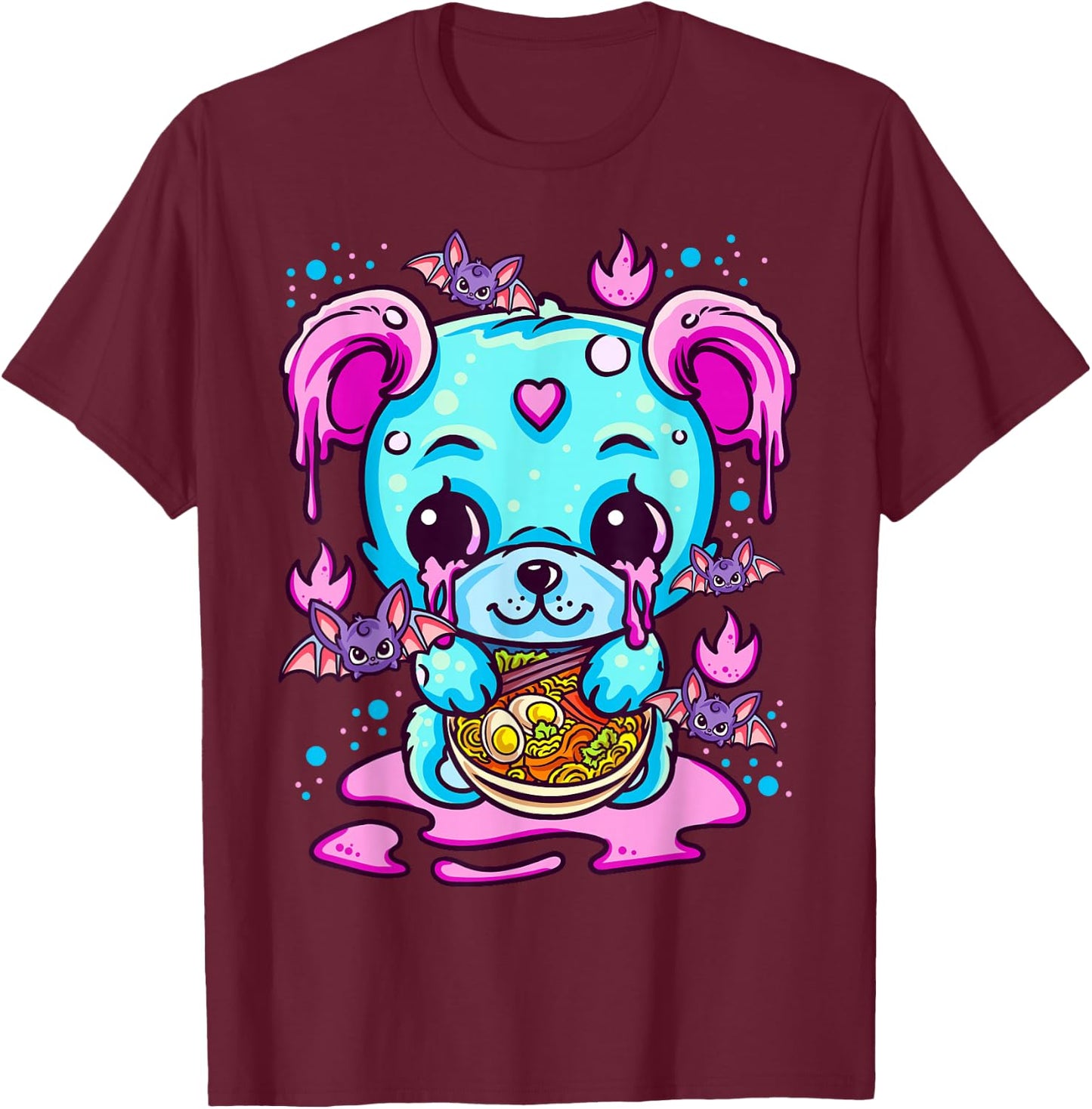 Cute Kawaii Creepy Pastel Goth Puppy Eating Ramen Noodles T-Shirt - T-Shirt | Maroon