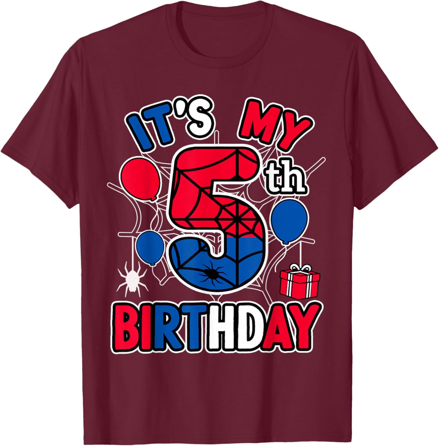 5th Birthday Present Boy Spider Web Theme Party 5 Year Old T-Shirt - T-Shirt | Maroon