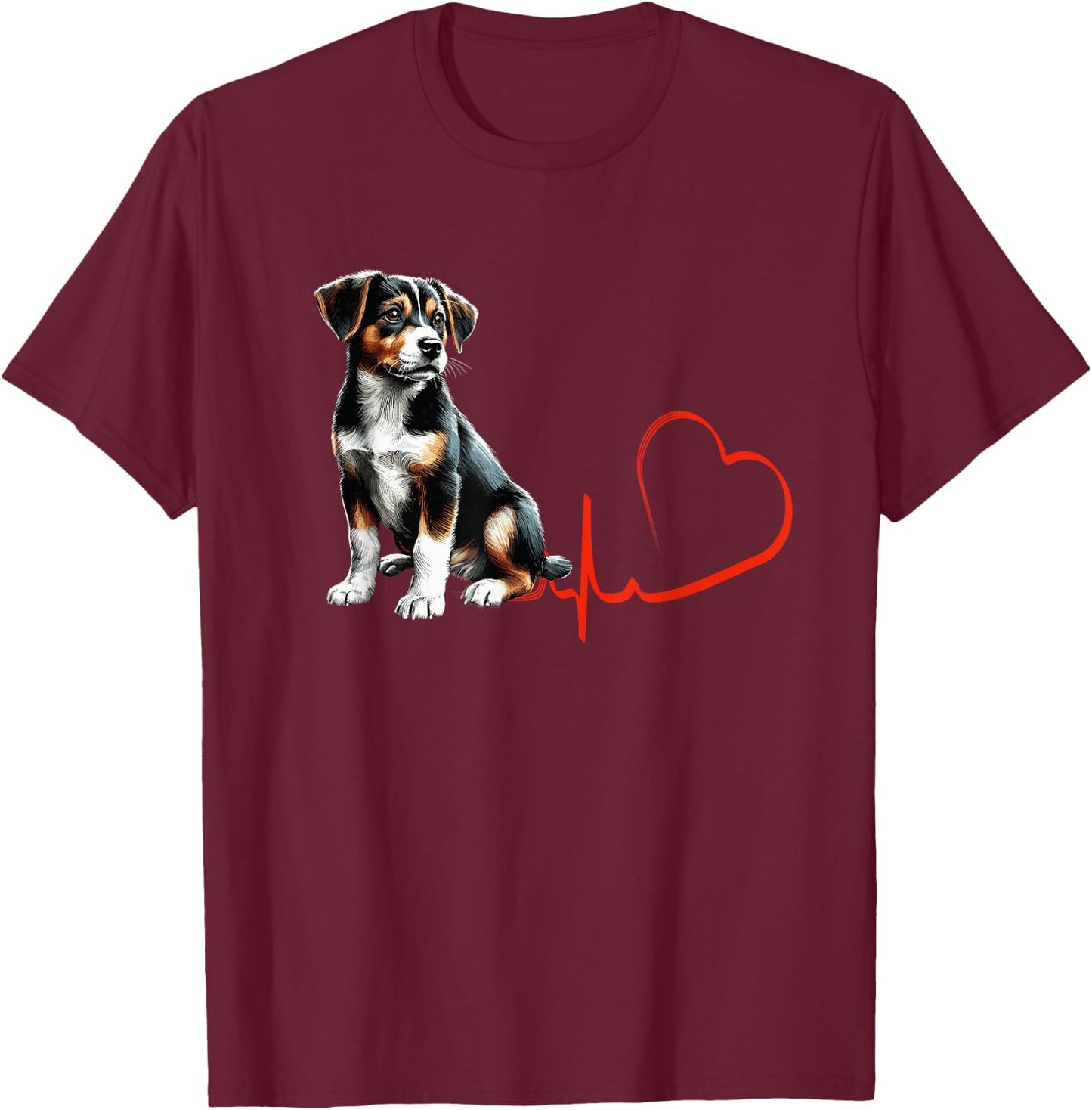 Mountain Feist Dog Heartbeat EKG Funny Dogs Owner & Lover T-Shirt - T-Shirt | Maroon