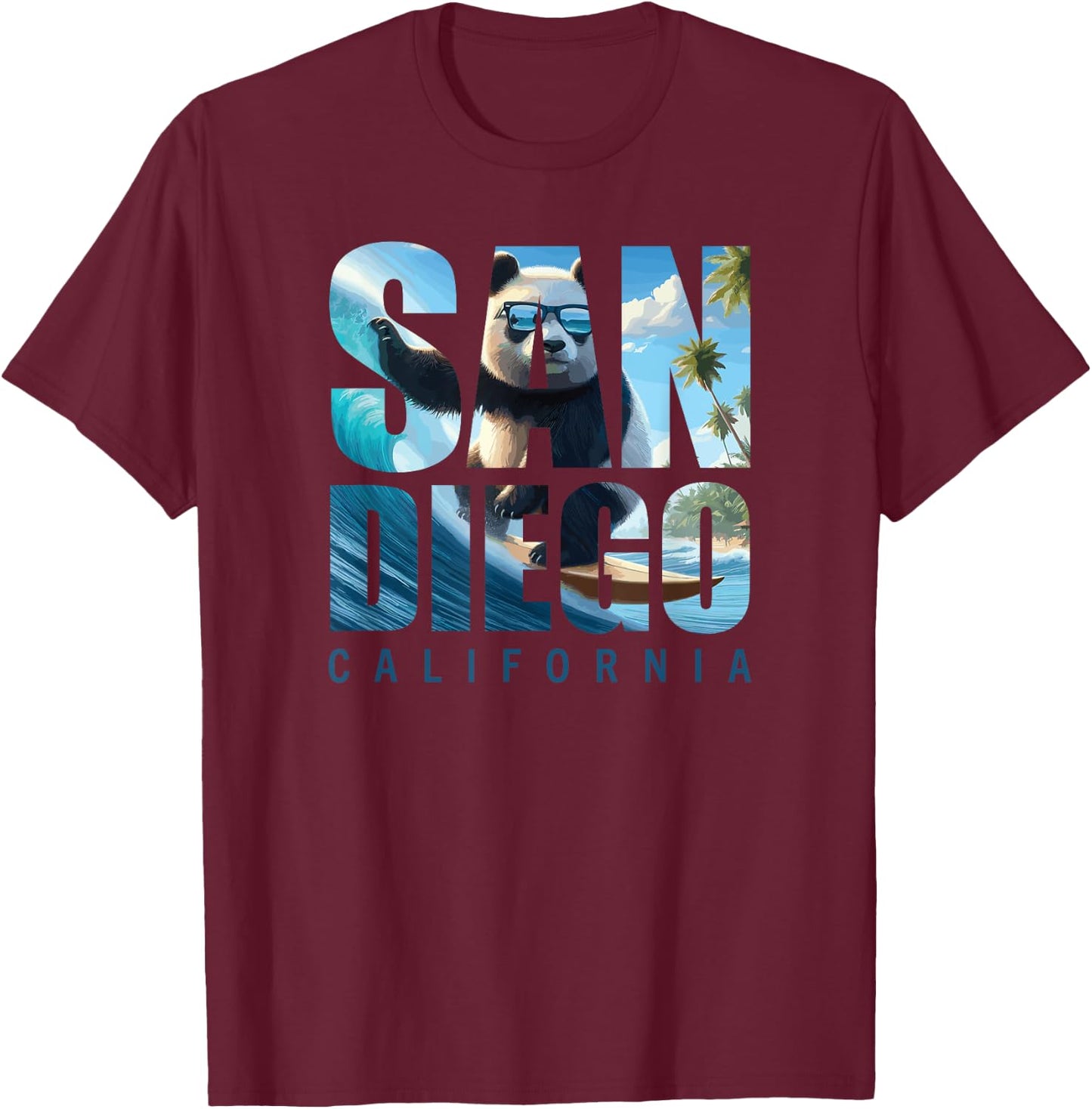 San Diego Panda Surfing California Beach Surf Women Girls Kids T-Shirt - T-Shirt | Maroon