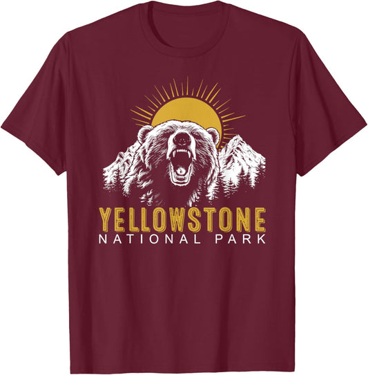 Yellowstone National Park Vintage Wild Bear Sunset T-Shirt - T-Shirt | Maroon