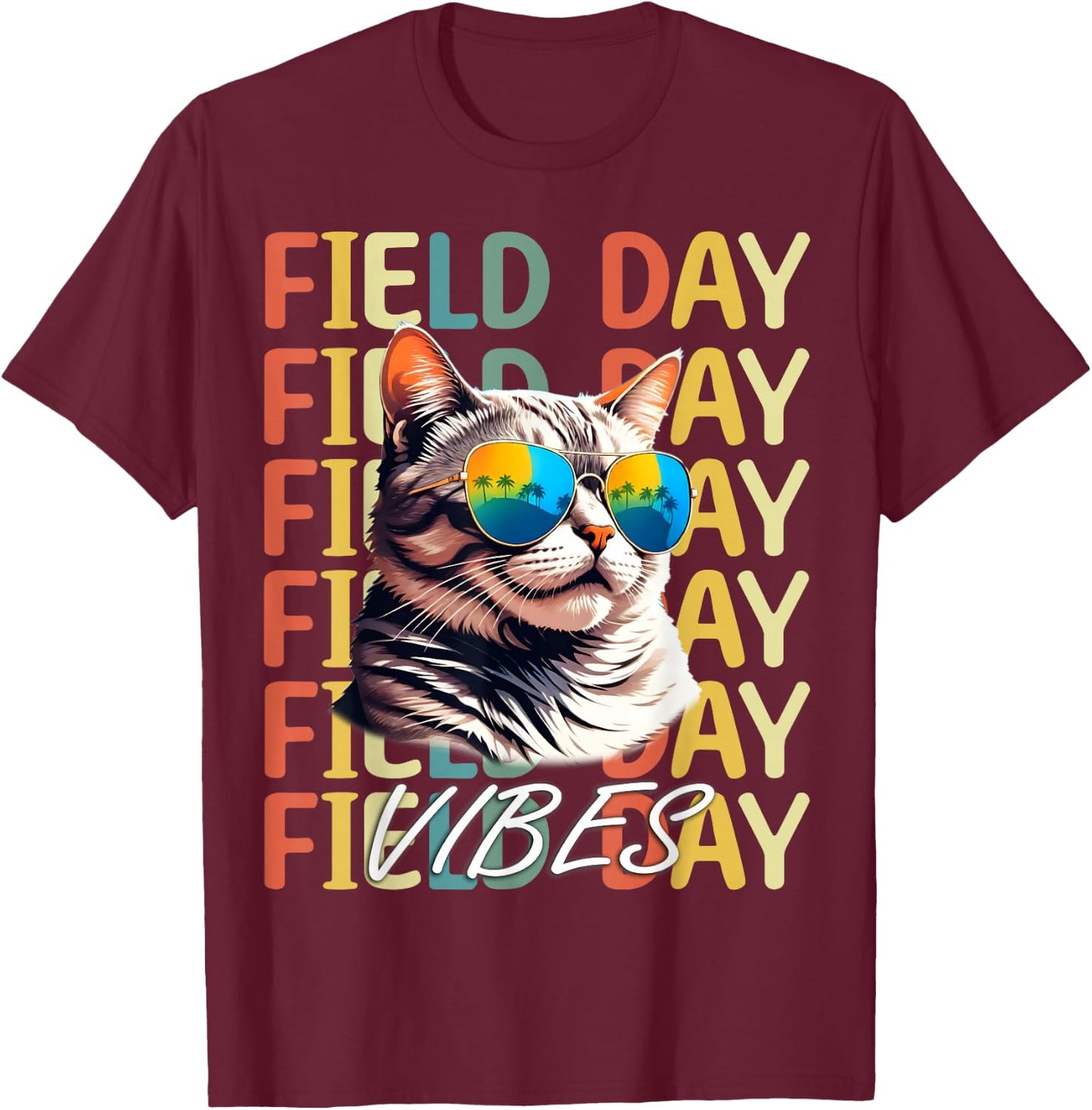 School field day Vibes Summer 2024 Retro Cat Teachers Kids T-Shirt - T-Shirt | Maroon