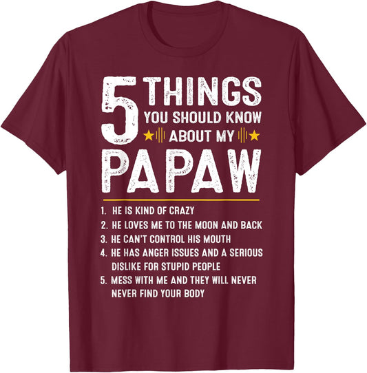 5 Things You Should Know About My Papaw Funny Fathers Day T-Shirt - T-Shirt | Maroon