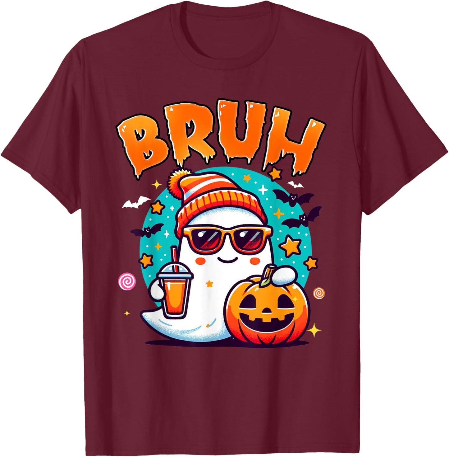 Bruh Ghost Halloween Cute Ghost Trick Or Treat Candy Kids T-Shirt - T-Shirt | Maroon