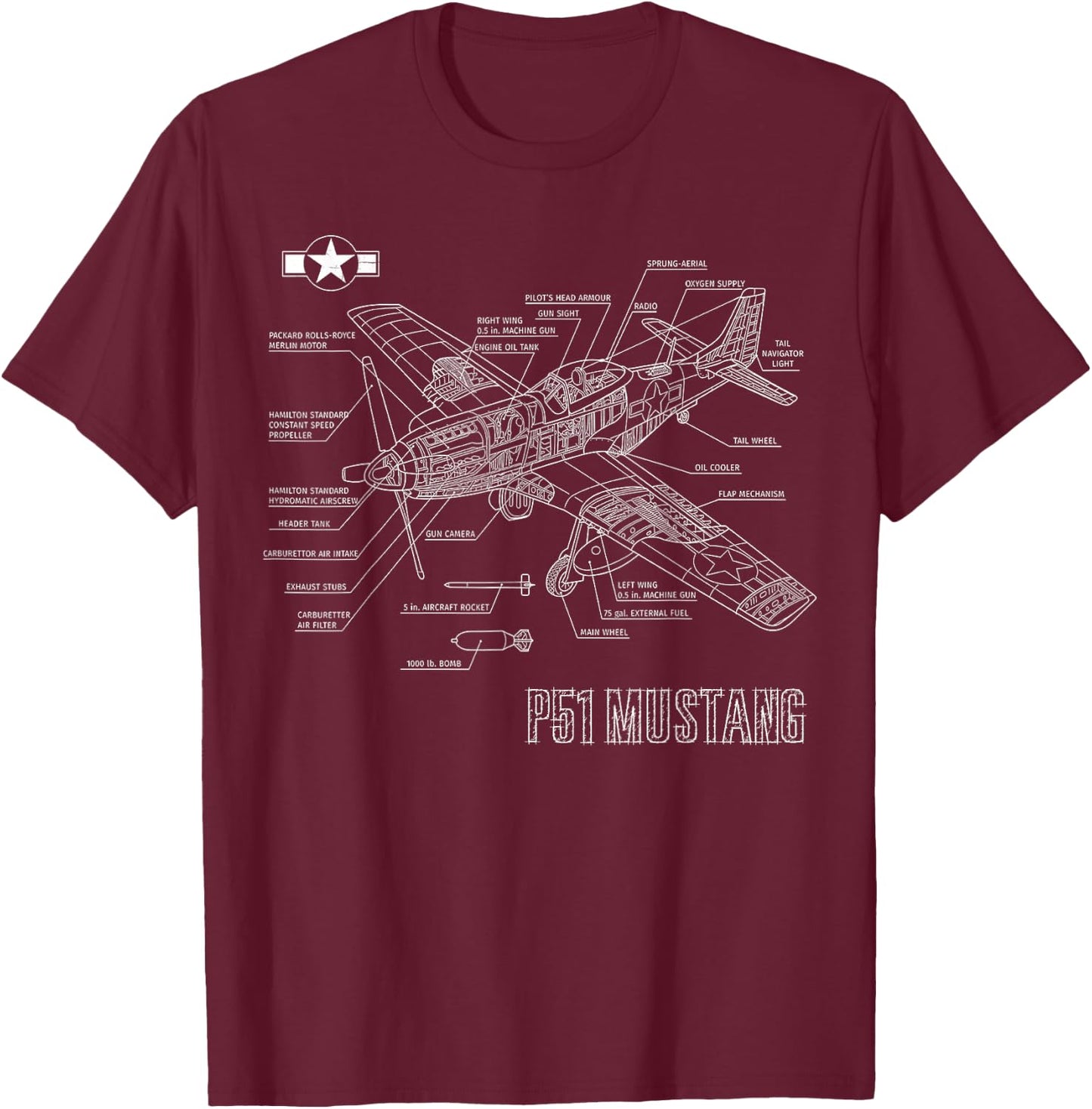 World War 2 American P51 Mustang Fighter Plane blueprint T-Shirt - T-Shirt | Maroon