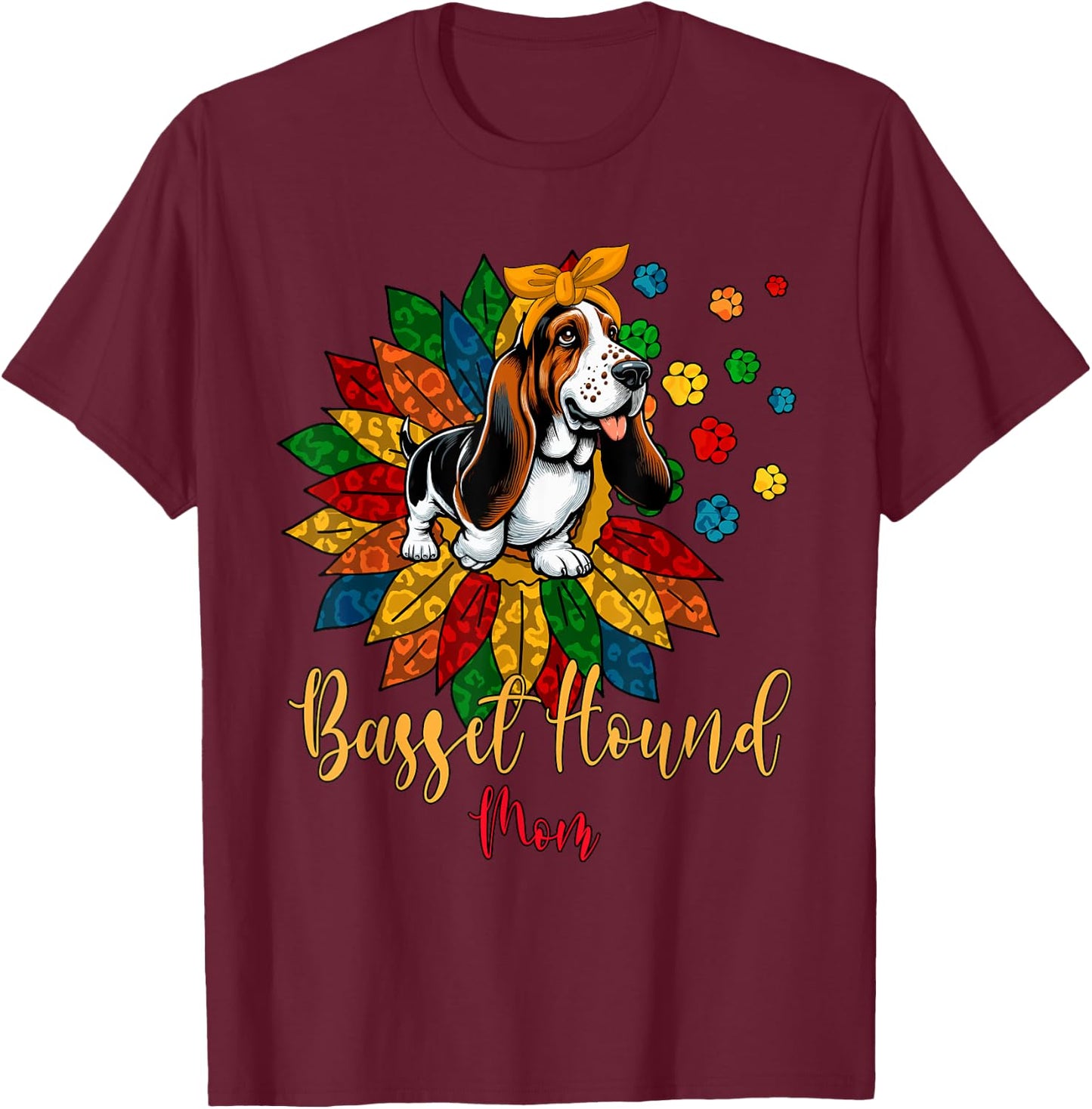 Basset Hound Mom Cute Colorful Leopard Sunflower Dog Paws Women Kids T-Shirt - T-Shirt | Maroon