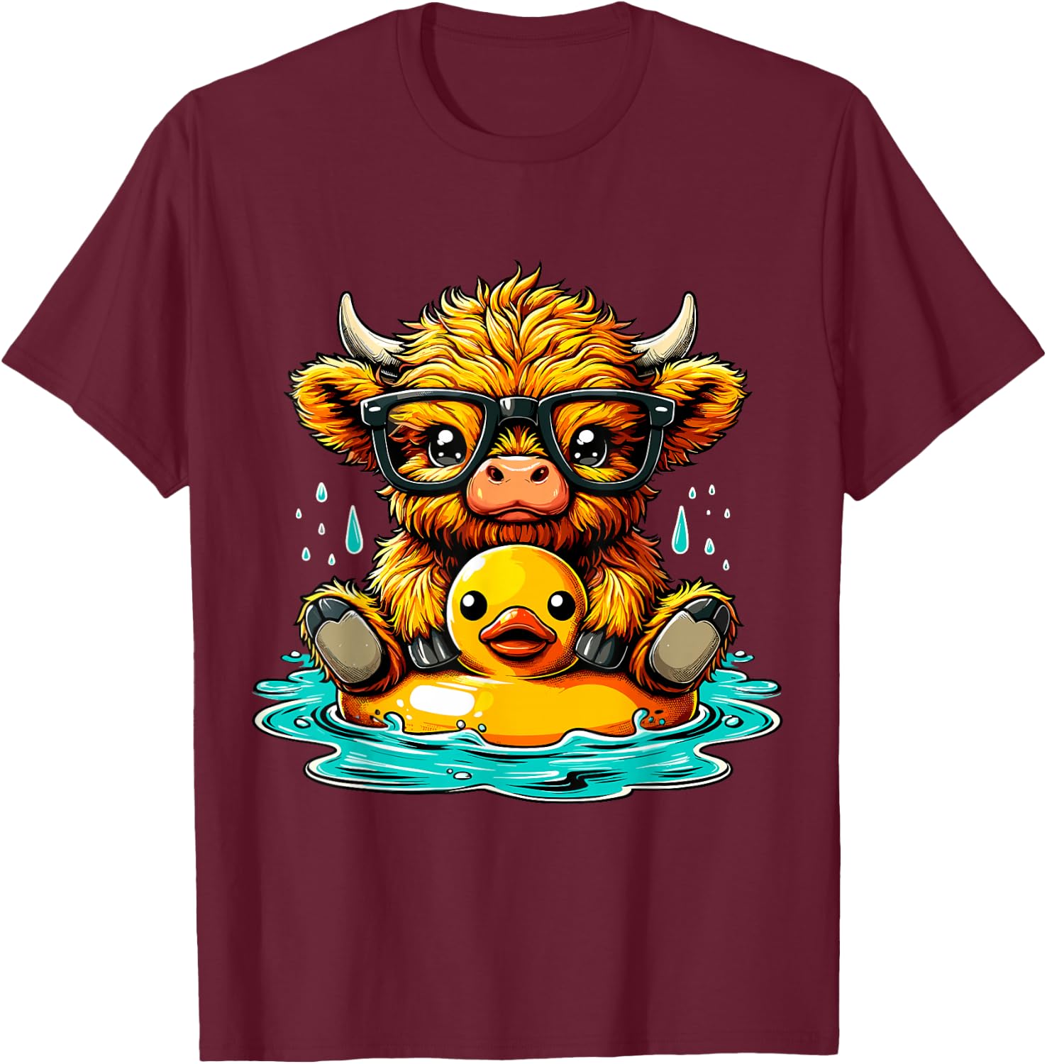 Highland Cow and Rubber Duck Swimming Summer Vacation T-Shirt - T-Shirt | Maroon