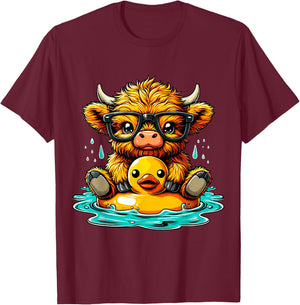 Highland Cow and Rubber Duck Swimming Summer Vacation T-Shirt - T-Shirt | Maroon