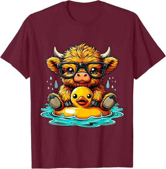 Highland Cow and Rubber Duck Swimming Summer Vacation T-Shirt - T-Shirt | Maroon