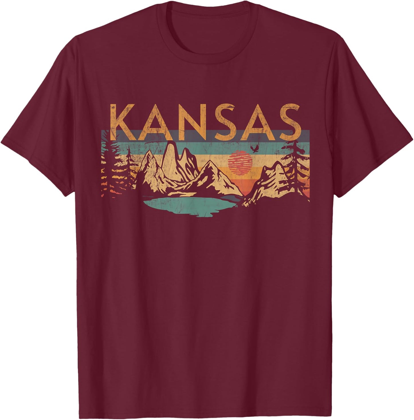 Kansas USA Outdoor Vintage Kansas Black Small Short Sleeve -Adults, -Kids Retro Sunset Vintage Design T-Shirt - T-Shirt | Maroon