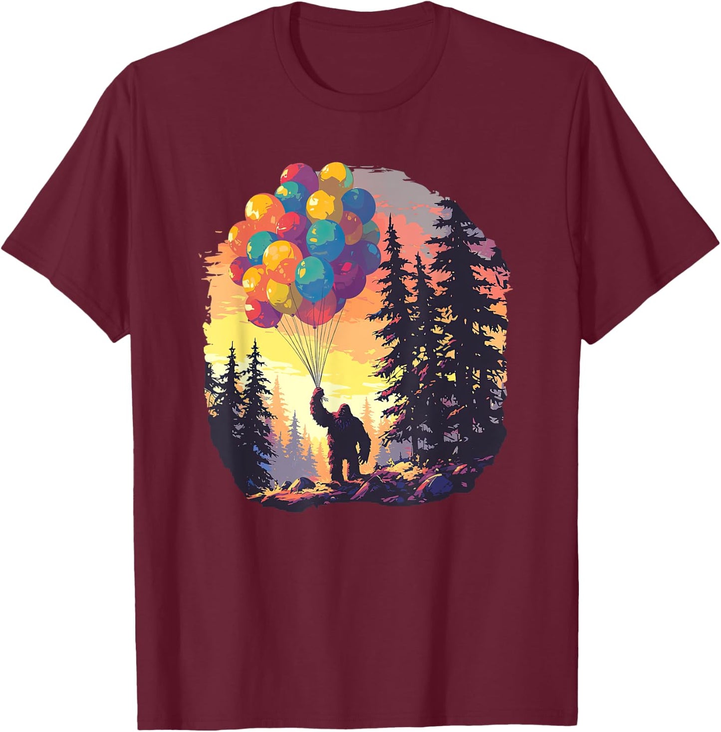 Bigfoot Forest Sunset Birthday Balloons Happy Bday Sasquatch T-Shirt - T-Shirt | Maroon