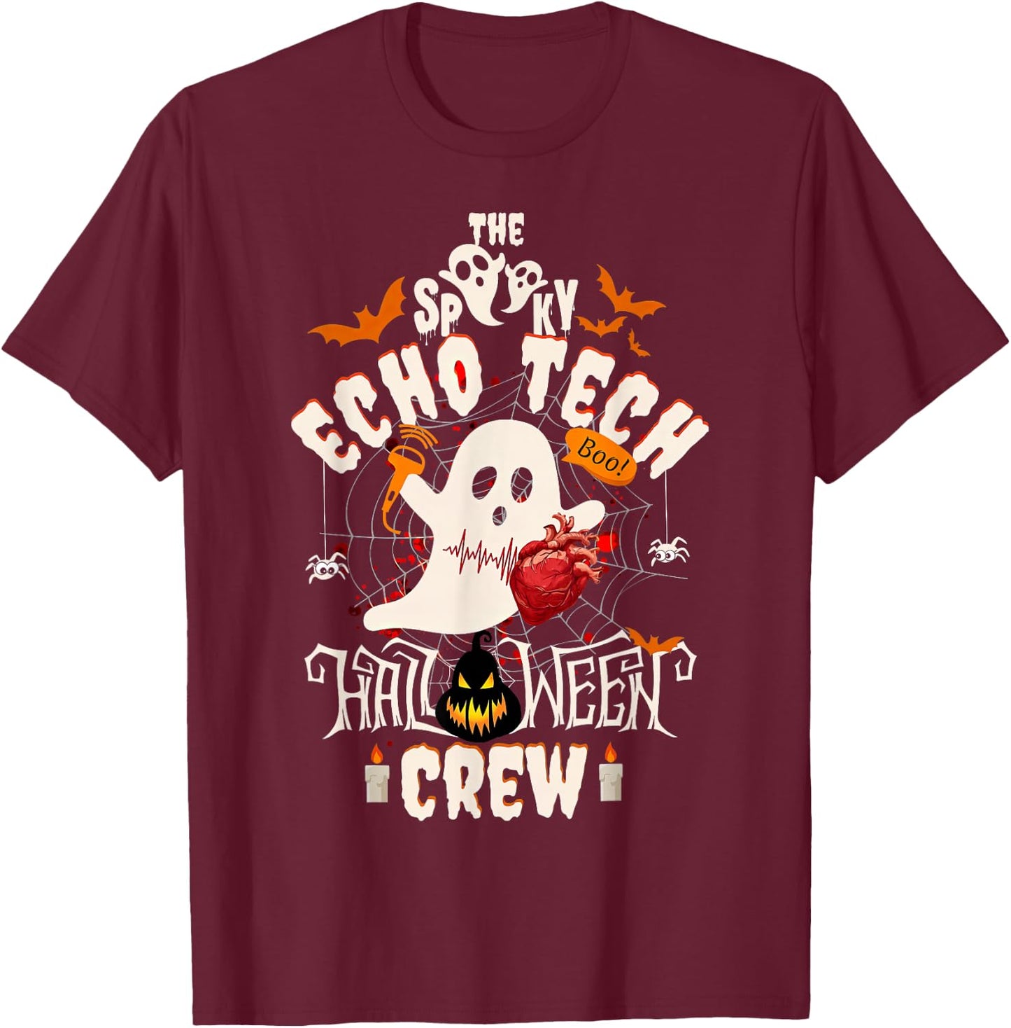 Spooky Echo Tech Halloween Crew Cardiac Sonographer Ghost T-Shirt - T-Shirt | Maroon