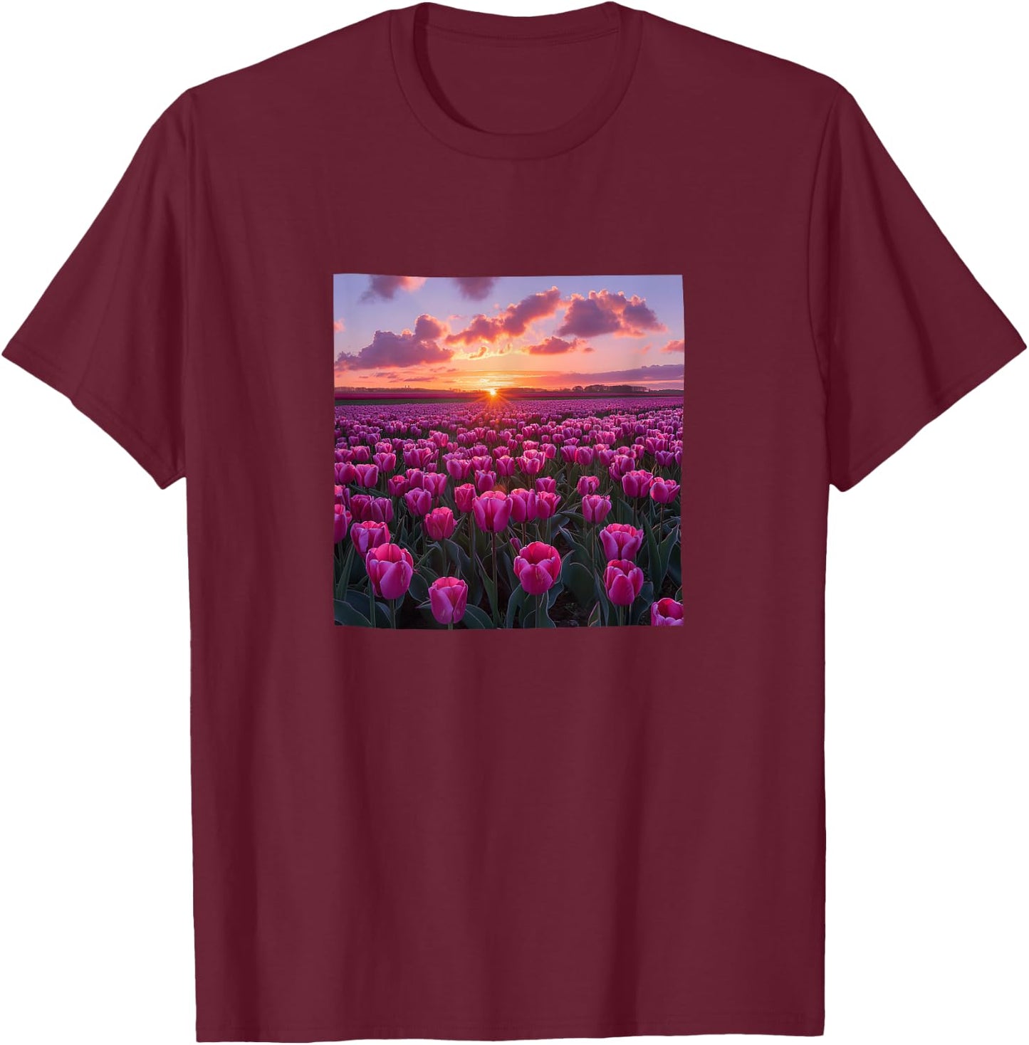 Tulip Flower Field Beautiful Sunset Graphic T-Shirt - T-Shirt | Maroon