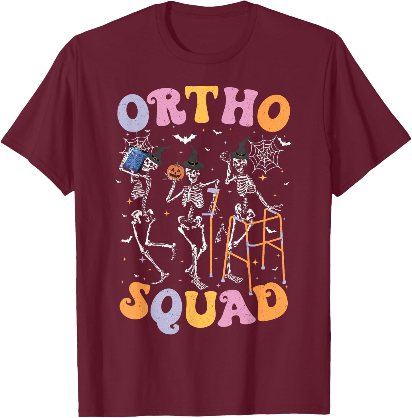 Ortho Squad Halloween Pumpkin Dancing Orthopedic Skeletons T-Shirt - T-Shirt | Maroon