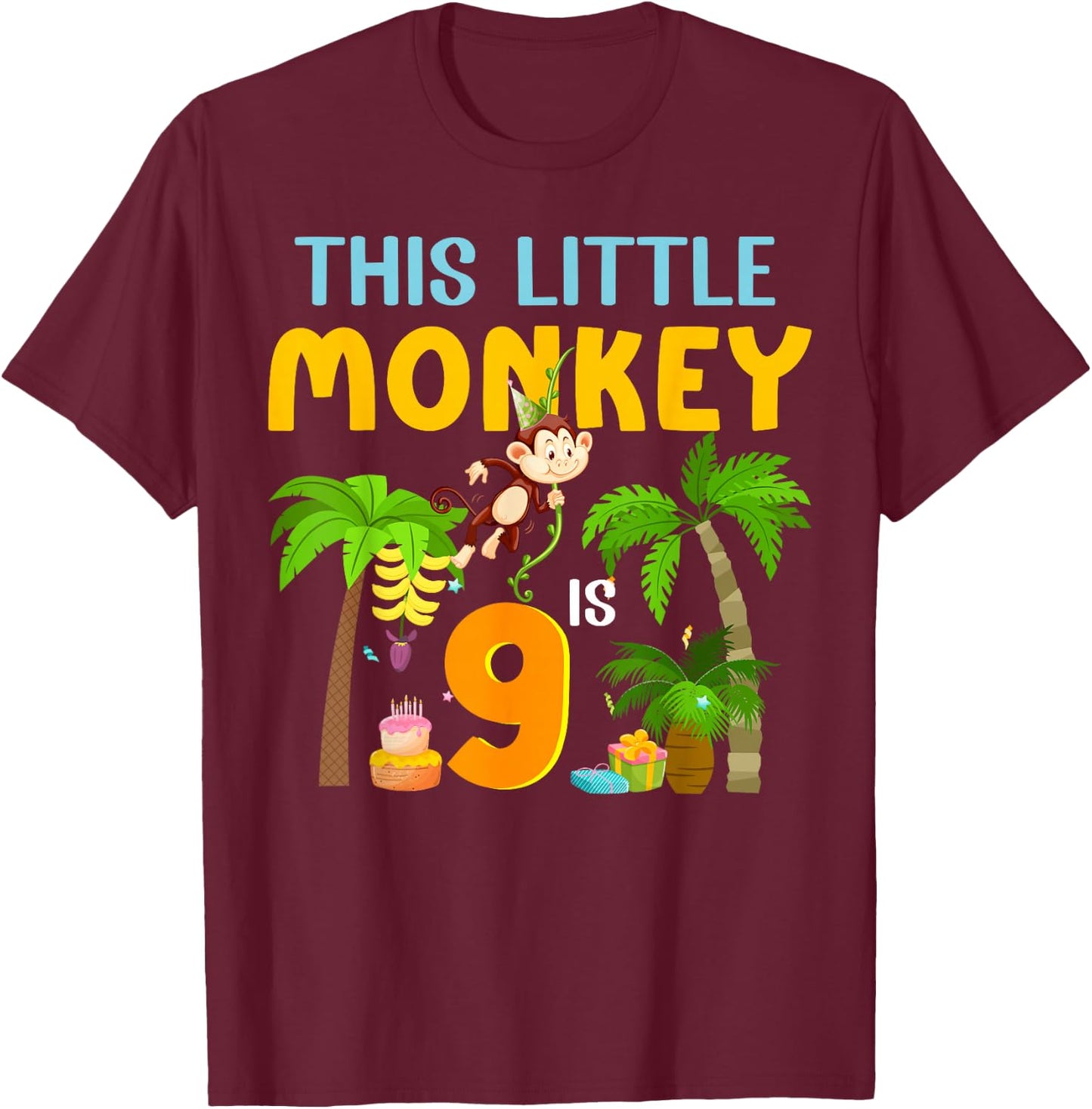 This Little Monkey Is 9 Jungle Animal 9th Bday 9 Years Old T-Shirt - T-Shirt | Maroon