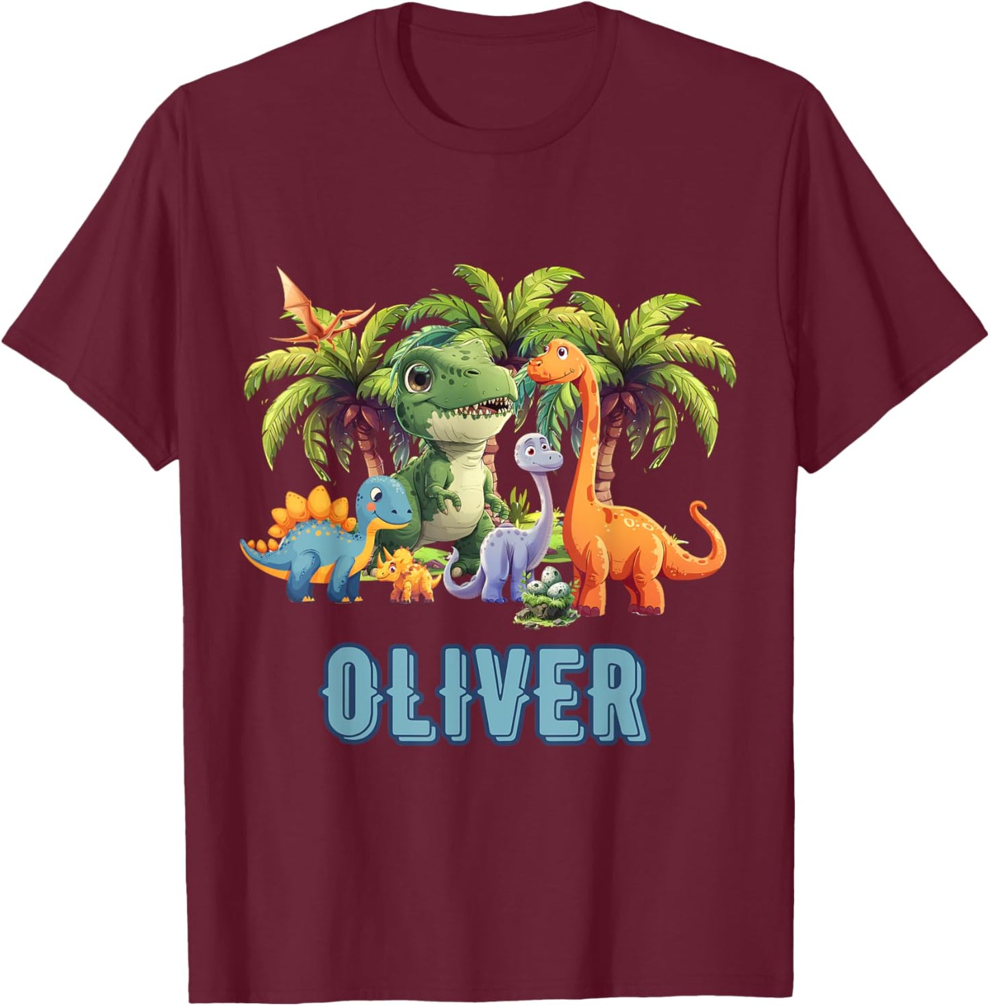 OLIVER Dinosaur Personalized Custom First Name Toddler Fun T-Shirt - T-Shirt | Maroon