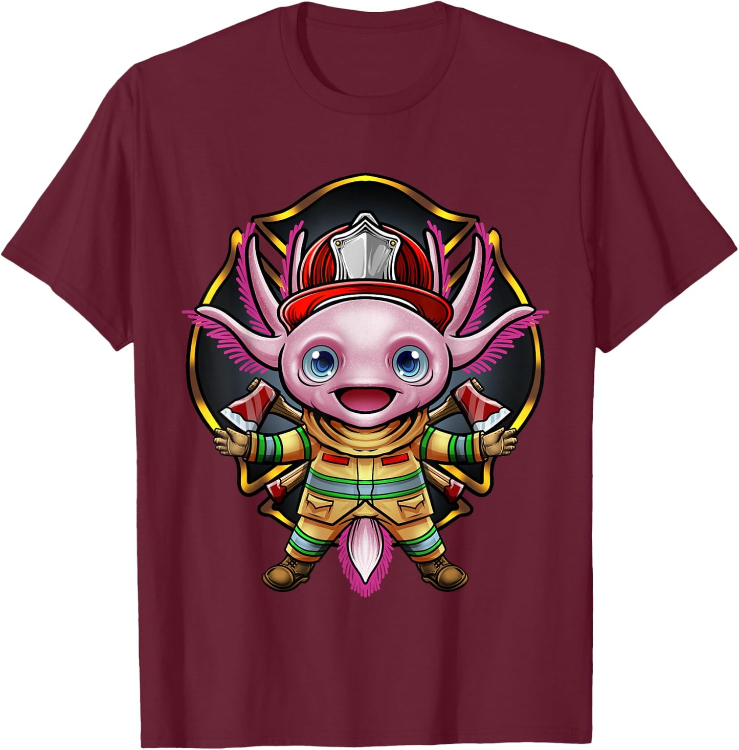 Axolotl Firefighter Fireman Helmet Ax Bunker Gear Fire Chief T-Shirt - T-Shirt | Maroon