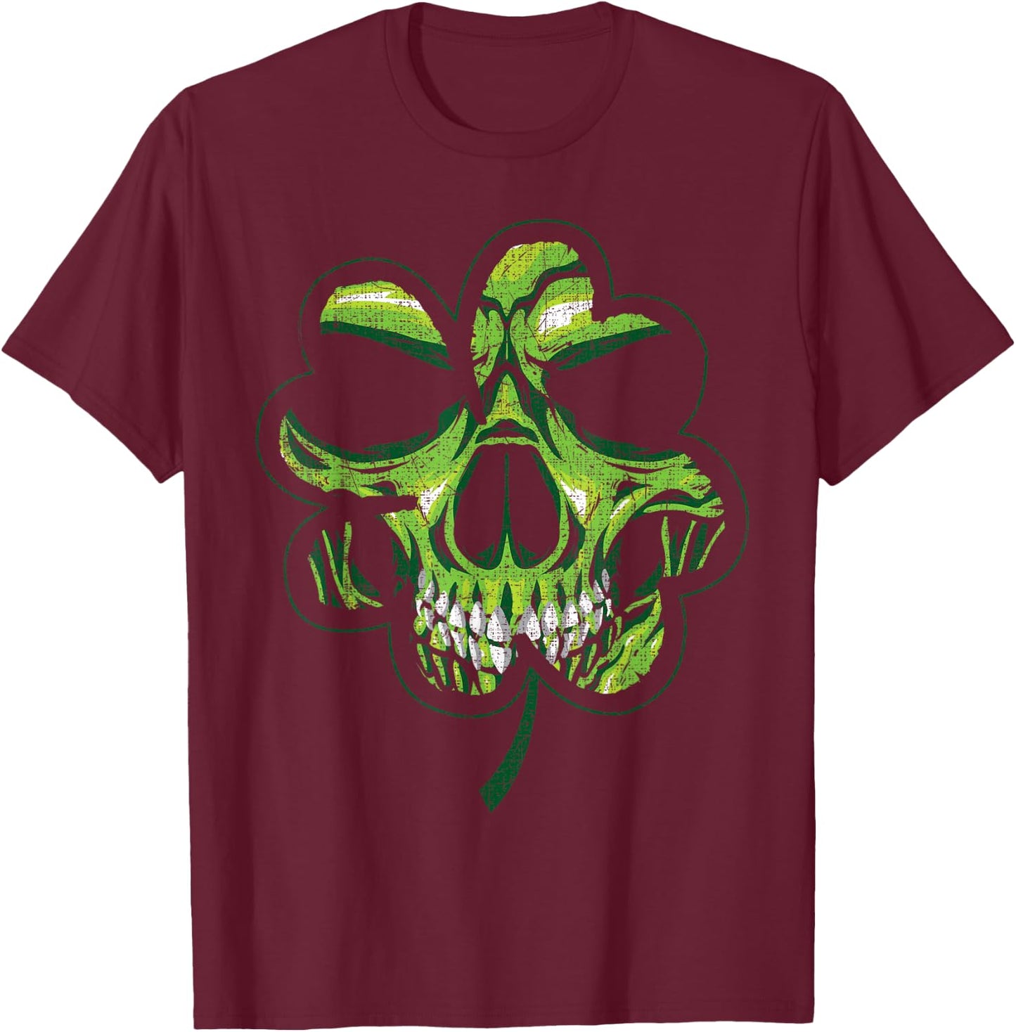 St. Patricks Day Shamrock Distressed Clover Biker Skull T-Shirt - T-Shirt | Maroon