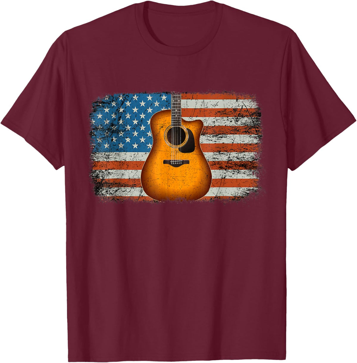 Acoustic Guitar 4th of July American Flag USA Country Music Women Kids Men T-Shirt - T-Shirt | Maroon